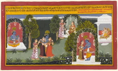 Kama y Rati Presencian la Reunión de Krishna y Radha, Página de una Serie Gita Govinda, 1714